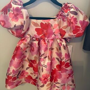 Bonnie Jean puffed sleeve floral satin fit and flare dress in Fuschia